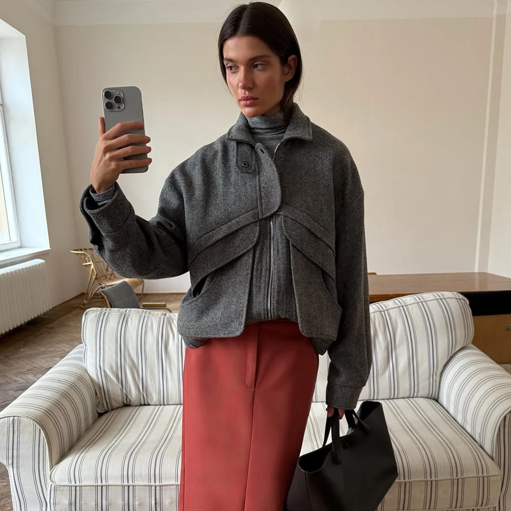 Talenza Autumn Grey Zipper Outwear Jackets Female Solid Loose Patchwork High Waist Cropped Top Coat Streetwear Women's Jackets