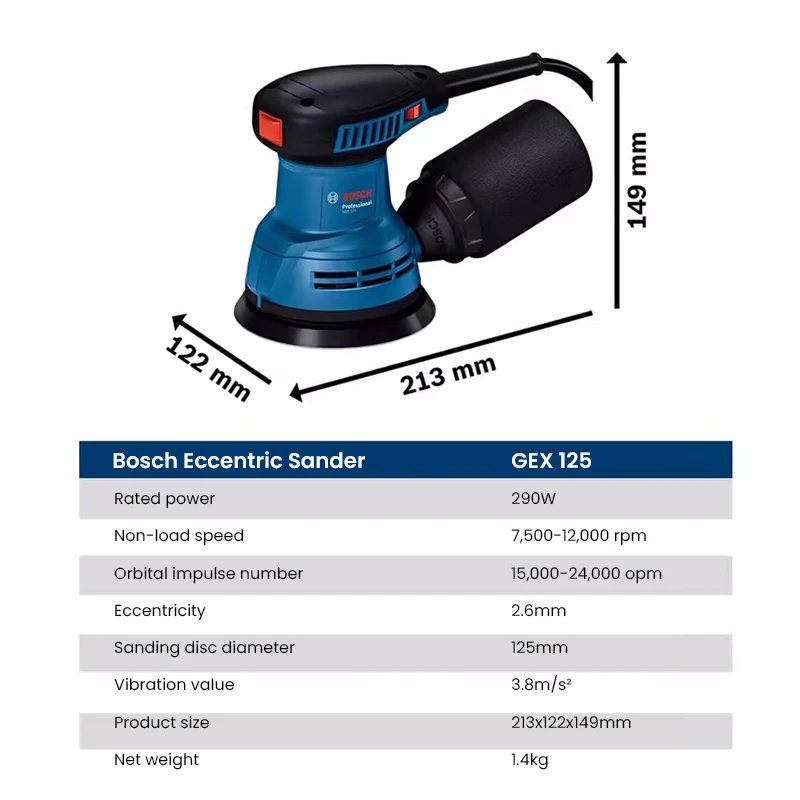 Bosch-lijadora eléctrica Gex 125, lijadora profesional excéntrica de 290W, herramienta de vacío de pulido de baja vibración