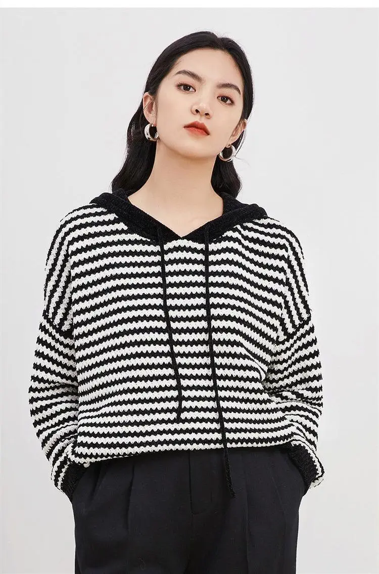 Fashionable Slim Sweater Lazy Style Striped Casual Knit Sweater Loose Hooded Internet Famous Hoodie Women's Trend