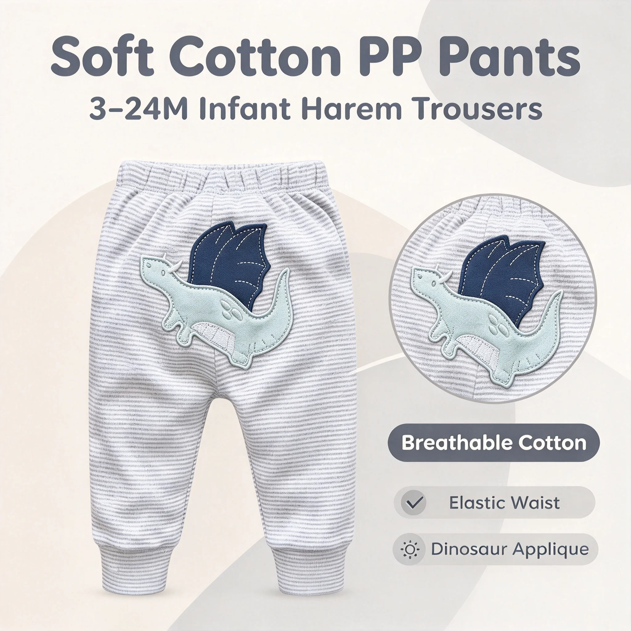 Toddler Striped Cotton PP Pants Cute Dinosaur Embroidery Baby Butt Pants Daily Casual Trousers for 3-24 Months