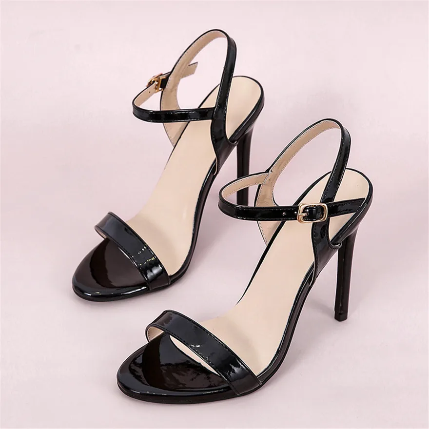 Summer Concise Buckle Sandals Women Big Size 35-43 Patent Leather Open Toe Shoes Black Pink Party High Heels Female Pumps Office