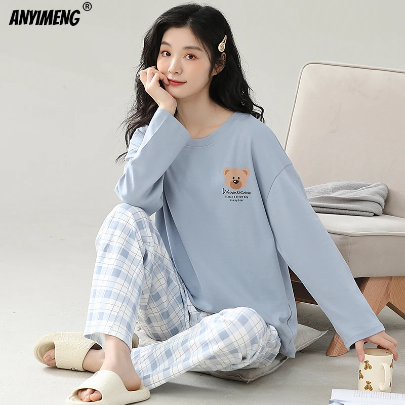 Pure Cotton Women Pajama Sets Autumn Winter Long Sleeves Plaid Pants Pijamas Purple Loungewear Round Collar Girl Sleepwear