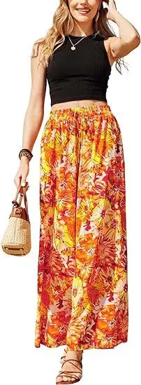 Summer New Retro Pendulum Printing Skirt Plus Solid Color Top Vest Slimming Two-piece Set