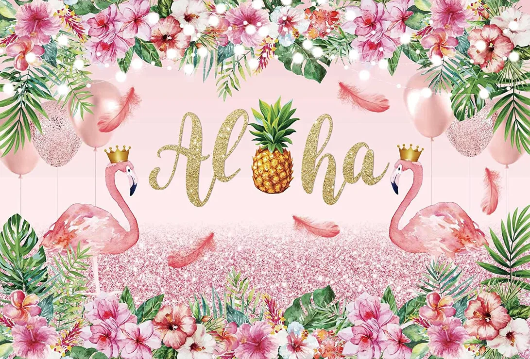 알로하 루아 배경, 열대 하와이 녹색 잔디 꽃 사진 배경, 생일 베이비 샤워 파티 장식 배너