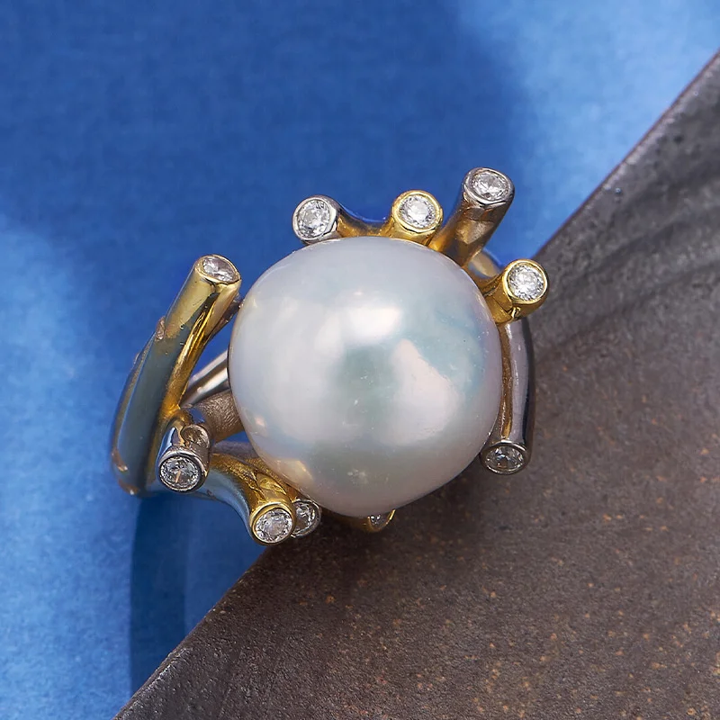 S925 Sterling Silver Charms Ring for Women Creative Contrast Colored Striped Inlaid Baroque Pearl Micro Zircon Jewelry Wholesale