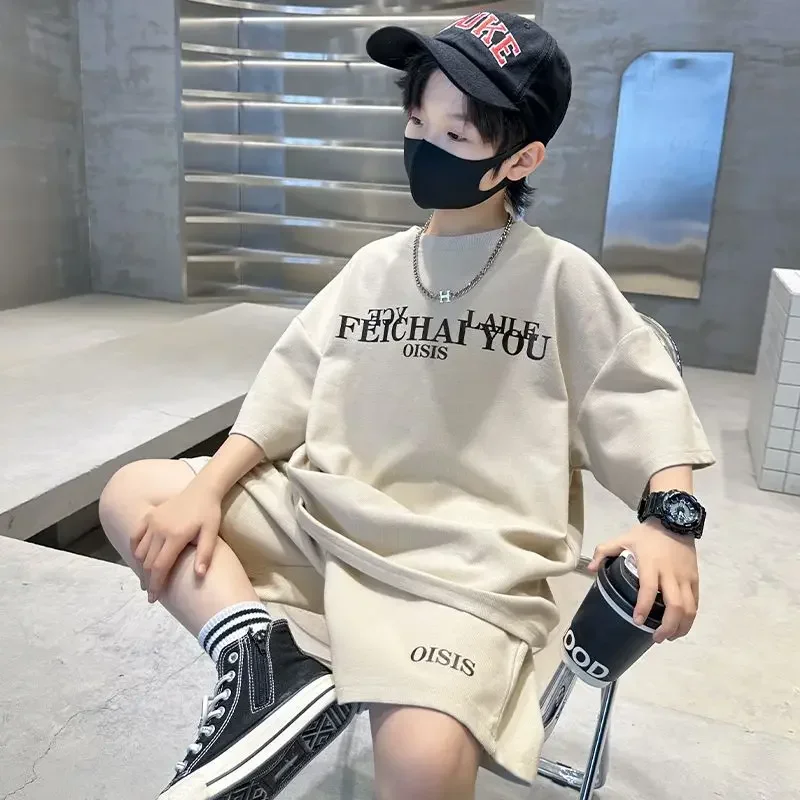 Summer Kids Fashion Sports Short Suits 4-14 Years Boys 2pcs Letter T-shirt+Pants Sets Teenage Boys Streetwear Outfits Clothes