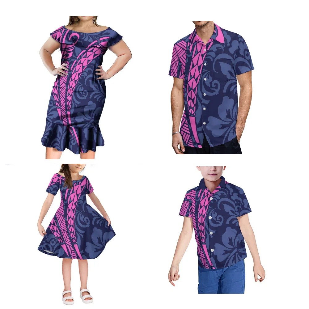 Polynesian Print Custom Design Family Parent-Child Suit Mother And Daughter Fashion Long Dress Father And Son Shirt Match