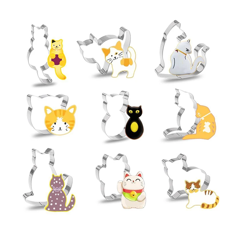 LMETJMA 9Pcs Cute Cat Shaped Cookie Cutter Set Stainless Steel Cat Cookie Biscuits Cutter Molds DIY Baking Fondant Cutter JT382