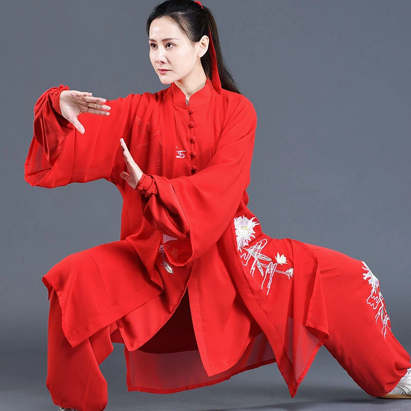 Custom Red Pearl Satin Tai Chi Suit, Slim Fit Women's Performance Wear with Ephemeral Flower Embroidery
