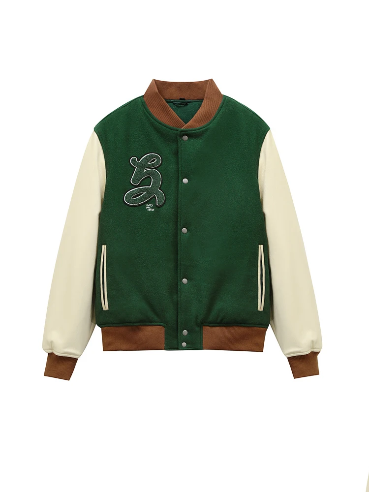 ZVRI 2024 new men\'s green patch embellish bomber jacket jacket PU clip cotton jacket baseball jacket