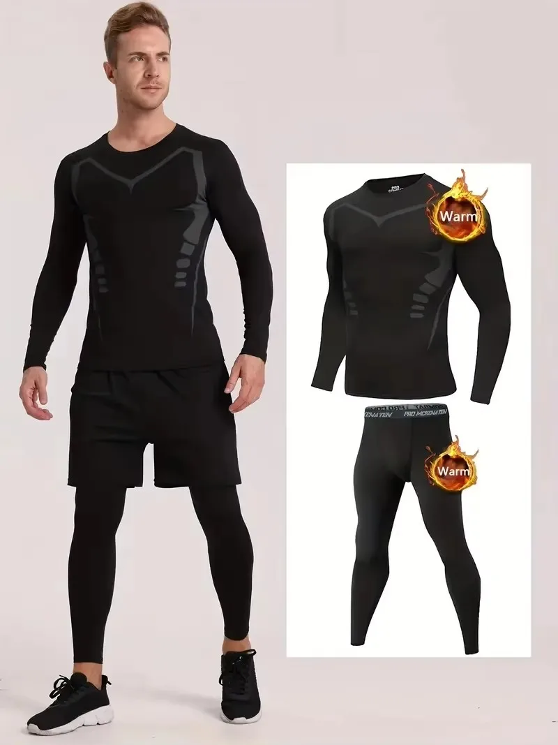 Fitness thermal underwear set, winter anti cold thermal skating suit, thick velvet fitness suit set, outdoor sports thermal suit