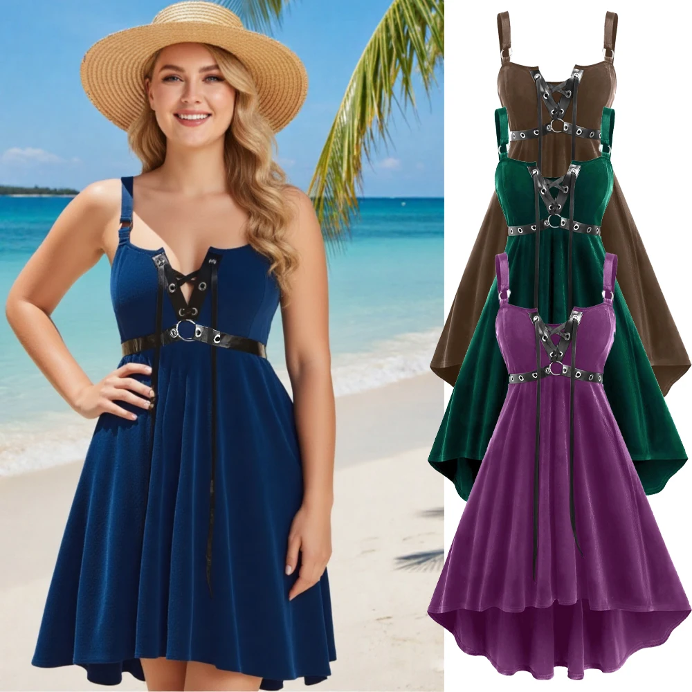 

Платье ROSEGAL больших размеров с завышенной талией, бархатное, женское, летнее, без рукавов, однотонное, в готическом стиле, на шнуровке, с люверсами, асимметричное, миди