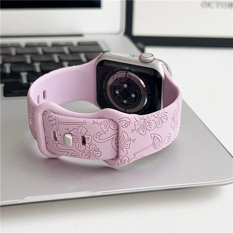

Ремешок силиконовый для Apple iwatchS9 S8 S7 S6 SE, браслет с резным рисунком фламинго, цветка для наручных часов, 38 мм 40 мм 41 мм 42 мм 45 мм 49 мм S9ultra