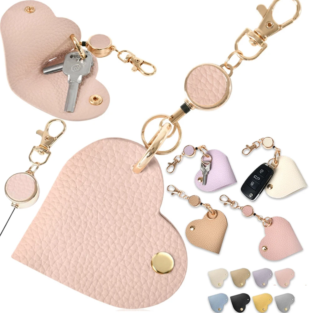 Car Home Kkey Bag Versatile Heart-Shaped Leather Key Bag - Retractable Pull Tab Design, Portable for Car Use
