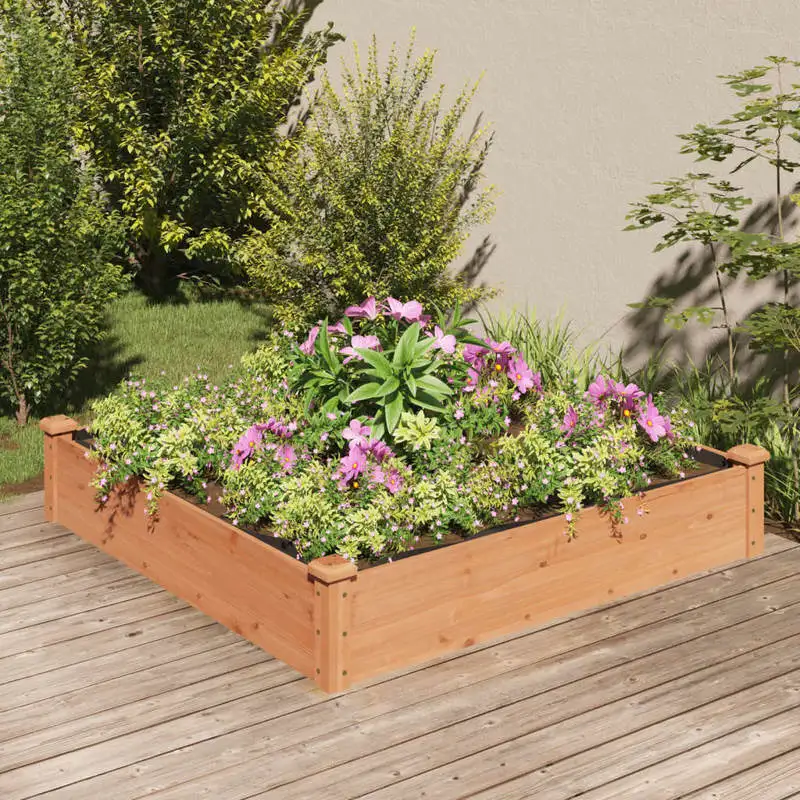 Bac à plantes surélevé avec insert marron 120x120x25 cm en bois de sapin massif, jardinière en acier résistant aux intempéries au look rustique, durable pour la culture d'herbes aromatiques, de légumes et de plantes ornementales dans la cour ou sur la terrasse.