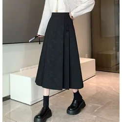 Chinese Style Temperament All-match Pleated Skirt Women Autumn Solid Color High Waist Skirt Solid Color All-match A-line Skirt