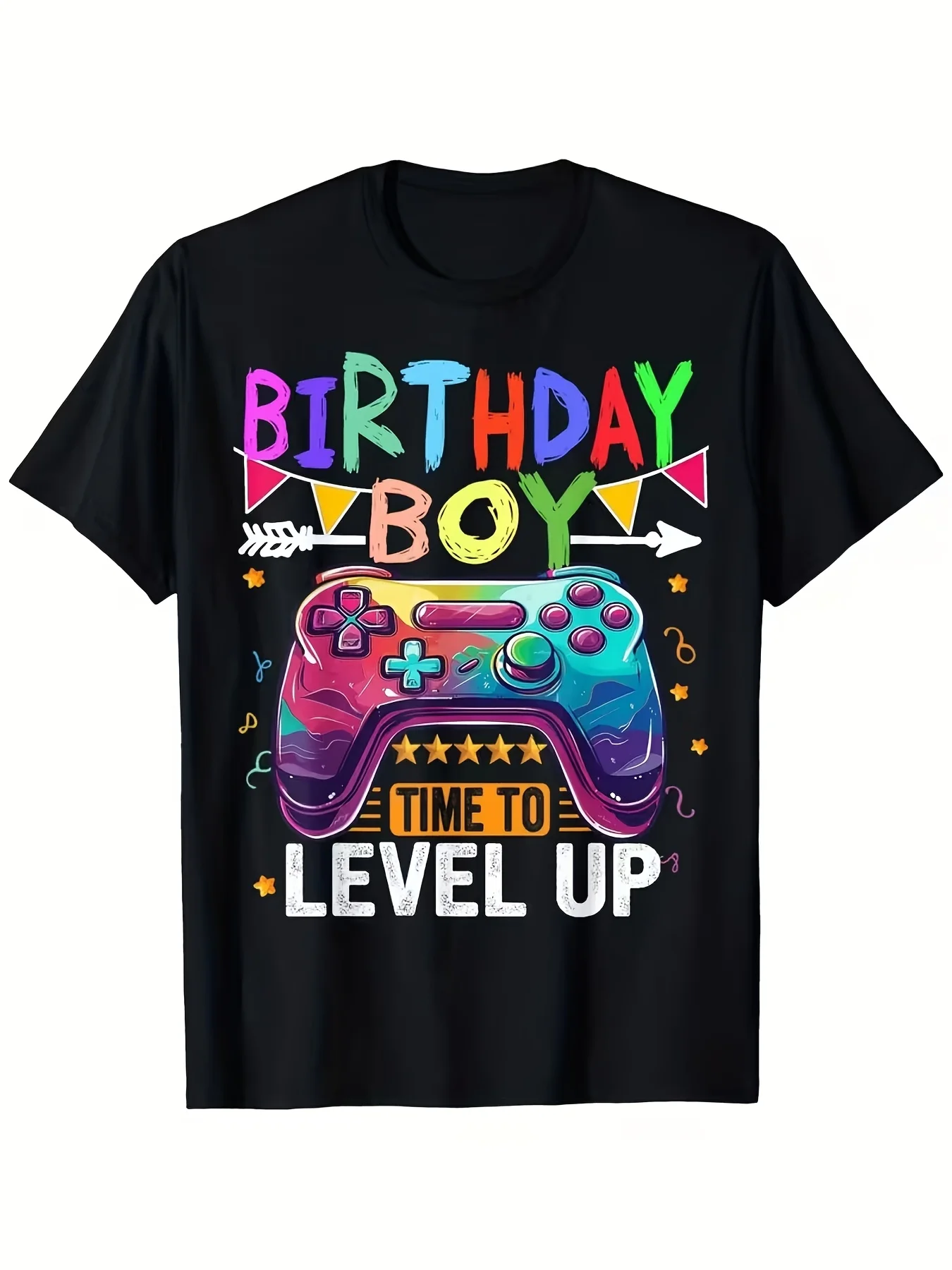 Birthday Boy T-Shirt with Colorful Graphic Design - Fun and Festive Tee Featuring Vibrant Video Game Controller, Bright Multicolored Letters, and Decorative Elements - Perfect for Kids' Birthday Celebrations and Party Attire