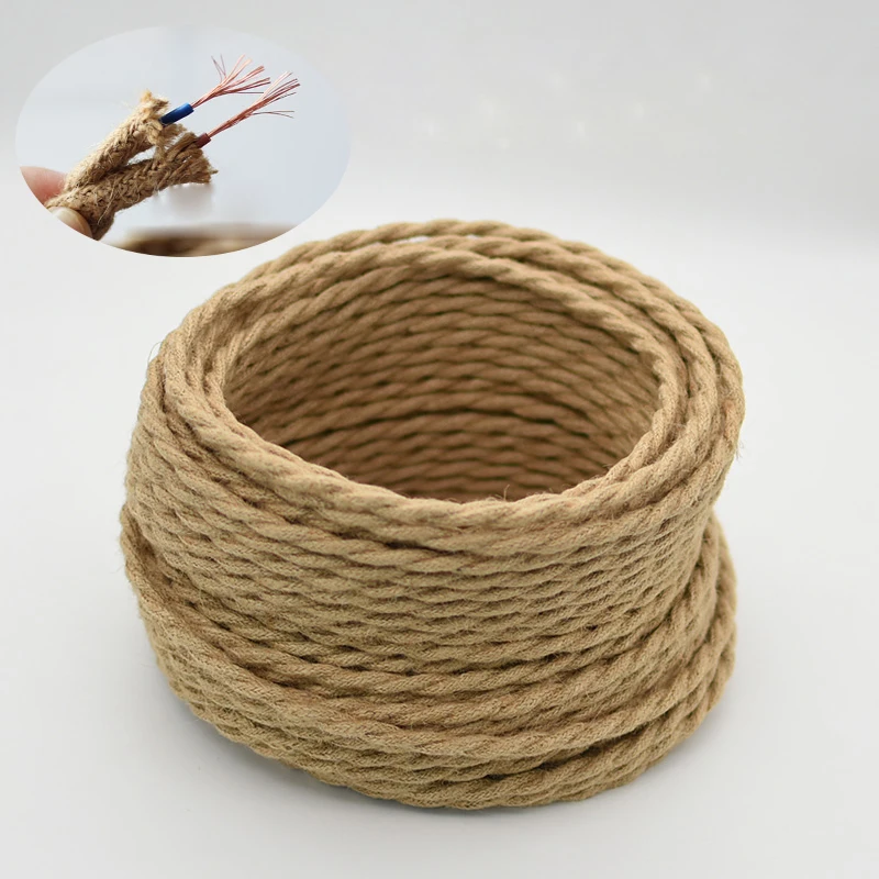 Vintage RopeTwisted yellow Electrical Wire 2*0.75mm Hemp Rope WovenTextile WireTwisted Cable Braided Retro Pendant Light Cord