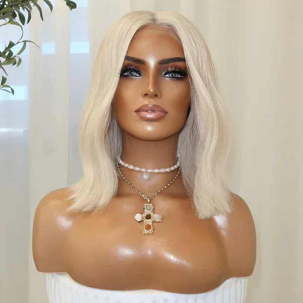 White Wig Short Natural Wave Lace Front Wig For Women Middle Part Realistic Bob Lace Frontal Wig Elastic Hair Daily For Women