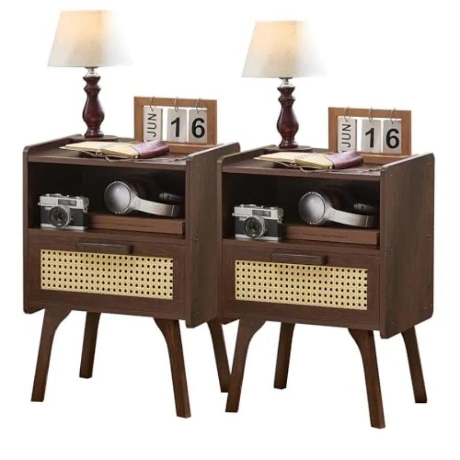 

Rattan Nightstands Set of 2 Bedside Table with Drawer Open Shelf Cane Accent Side End Table with Solid Wood Legs Walnut Vintage