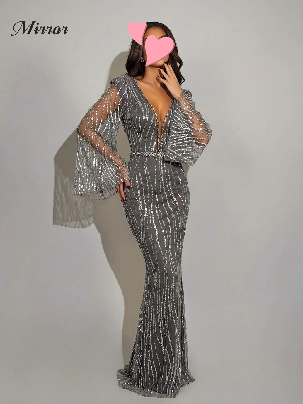

Mirror Dress Elegant Vintage Sexy Gray Beads Lace Mermaid V-Neck New Customize Formal Occasion Prom Dress Evening Party Gowns