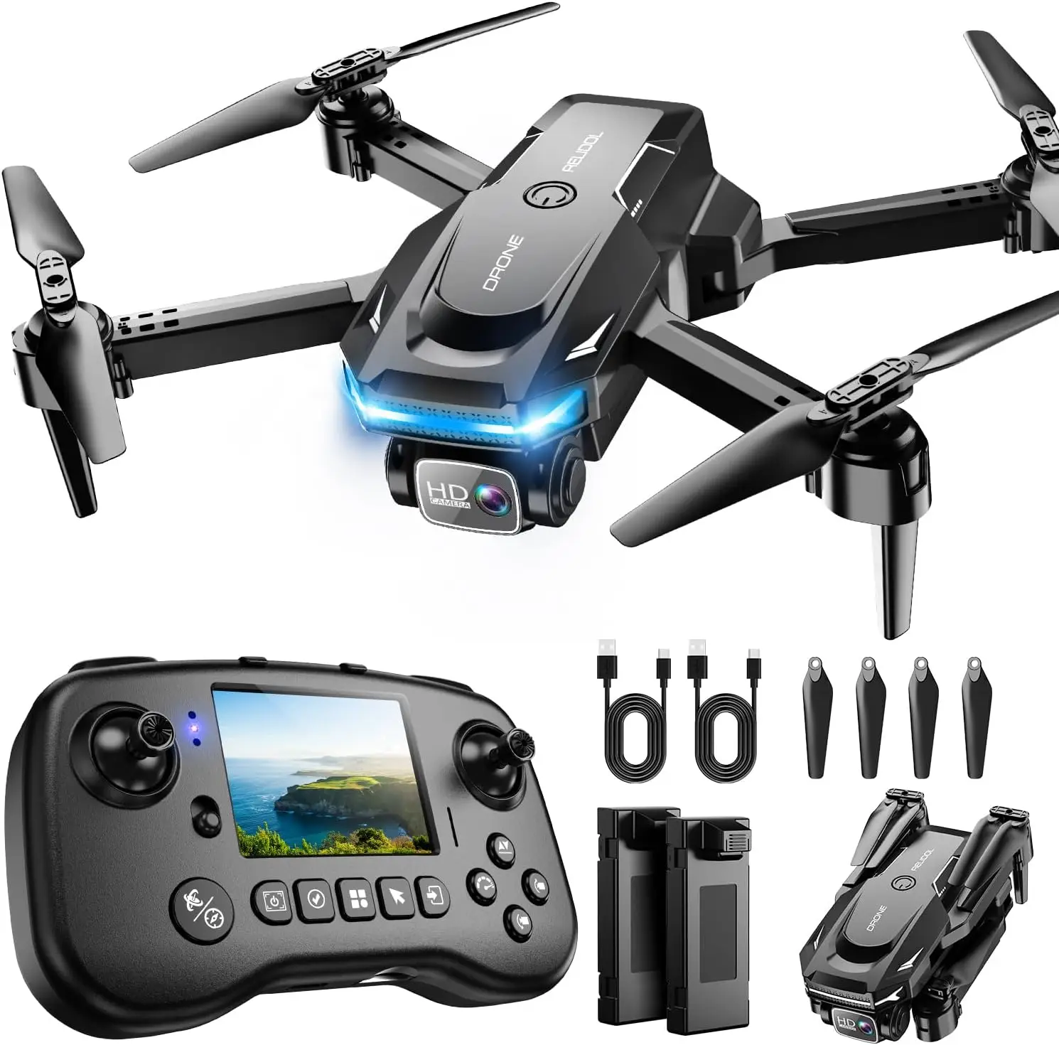 Foldable Camera Drone with Screen Controller, Gesture Control, 3D Flip, One-Key Start, Emergency Stop, 2 Batteries for Beginners