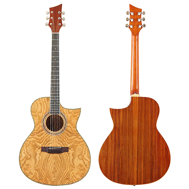 40 Inch Acoustic Guitar 6 String Cutaway Design High Glossy Folk Guitar Natural Color Ashwood Body Left Hand and Right Hand