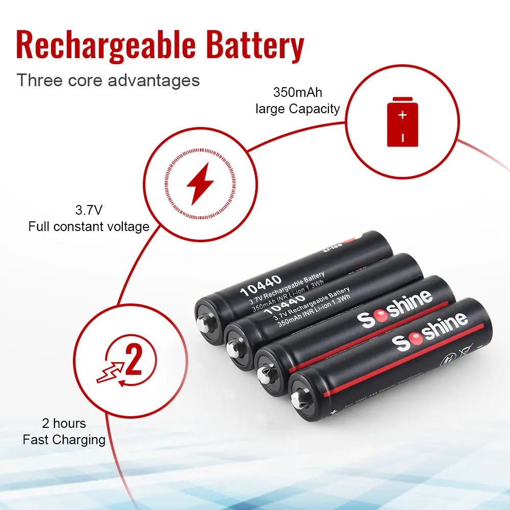 Soshine 350mAh 10440 AAA Li-ion Batteries 3.7V 350mAh Rechargeable Lithium AAA Battery for Microphone Headlamp Flashlight Radio