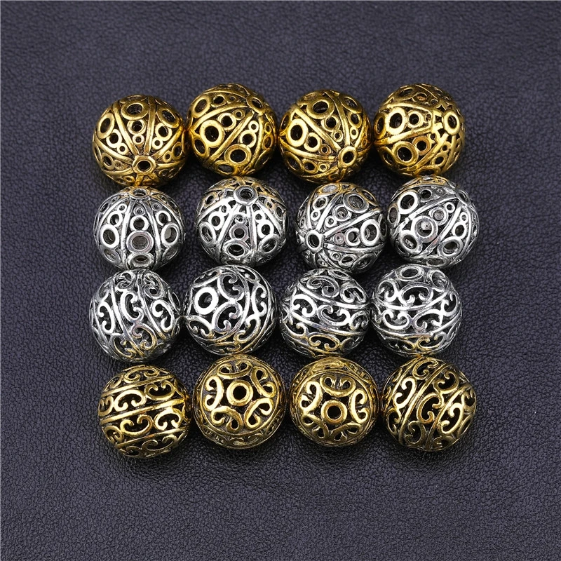 Juya 10Pcs/Lot Wholesale Vintage Antique Gold Silver Plated Engraved Hollow Beads Supplies For Needlework Beading Jewelry Making