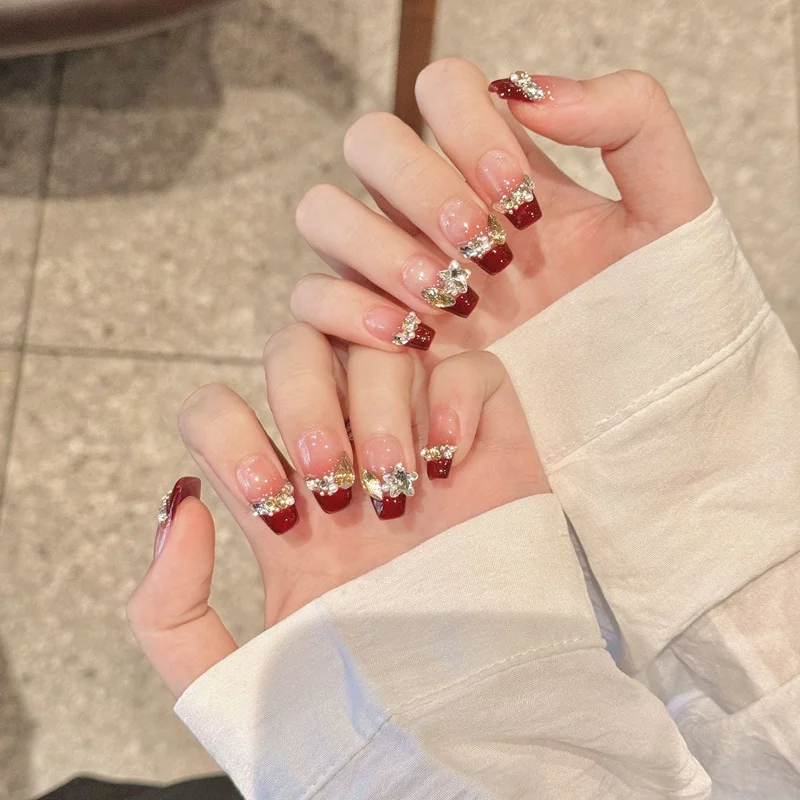 Happy Bridal | Luxury Red French Short Coffin Press On Nails Glittering Fake Nails 10pcs Handmade Rhinestone Wearable Nail Tips