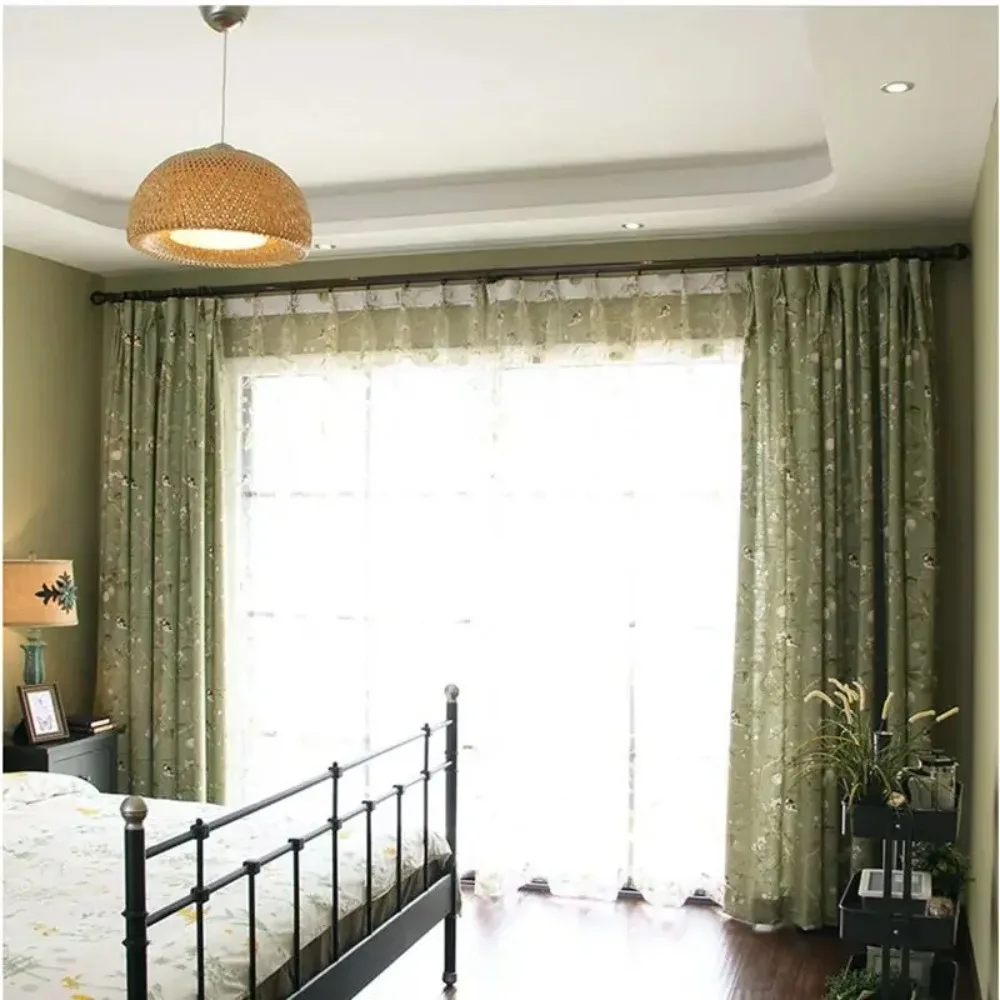 

Cotton Linen Green Window Curtains for Living Room Birds Printed Bedroom Window Blackout Drapes