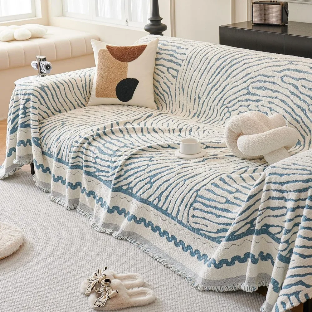 غطاء أريكة شانيل مخطط سميك مع شرابة، بطانية غطاء أريكة زرقاء للأرائك المقطعية، أغطية ناعمة للأرائك الكبيرة