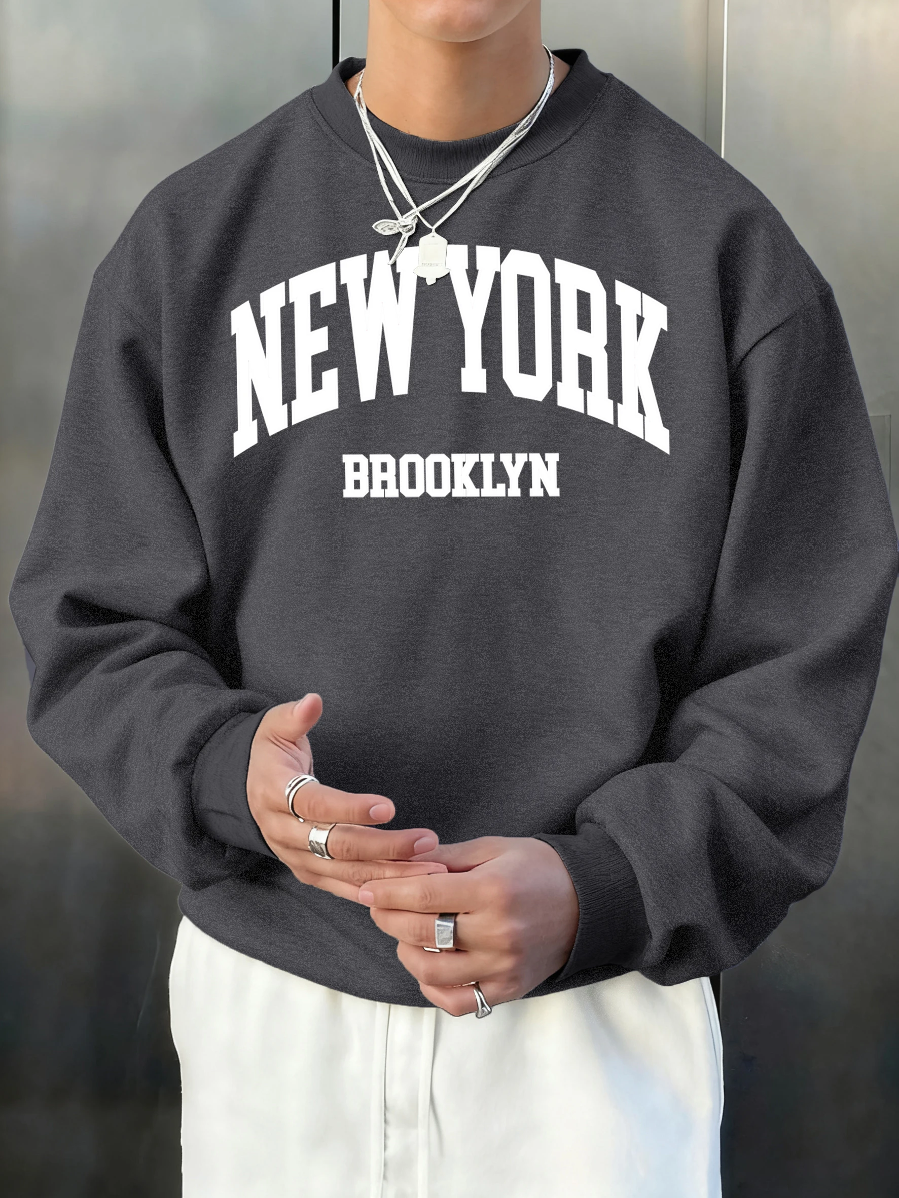 

Мужская толстовка с принтом New York Brooklyn, флисовая повседневная кофта в стиле хип-хоп с круглым вырезом, унисекс, осенняя свободная спортивная одежда