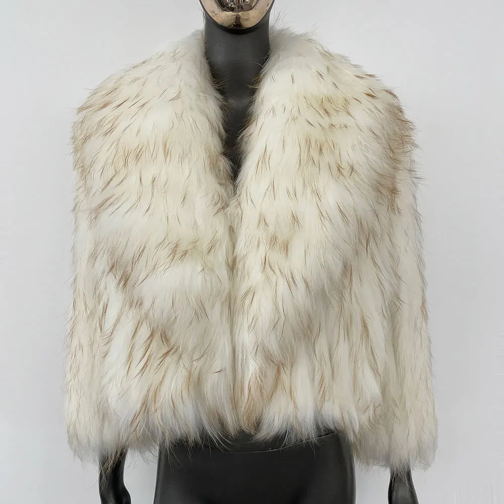 معطف شتوي بياقة من الفرو الطبيعي ملابس خارجية قصيرة جديدة منفوش فاخر من الفرو محبوك معطف نسائي من فراء الراكون الطبيعي الحقيقي