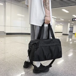 Solid Color Zipper Nylon Men Shoulder Bag Large Capacity Nylon Travel Gym Sports Duffle Bag Casual Commuter School Men Handbag