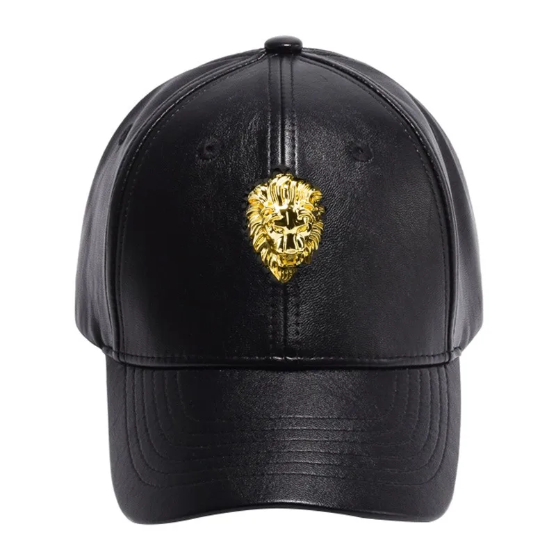 Metal 3D Golden Lion Baseball Cap PU Leather Graffiti Hats Adjustable Fashion Hip Hop Flat Brimmed Baseball Cap Snapback Black