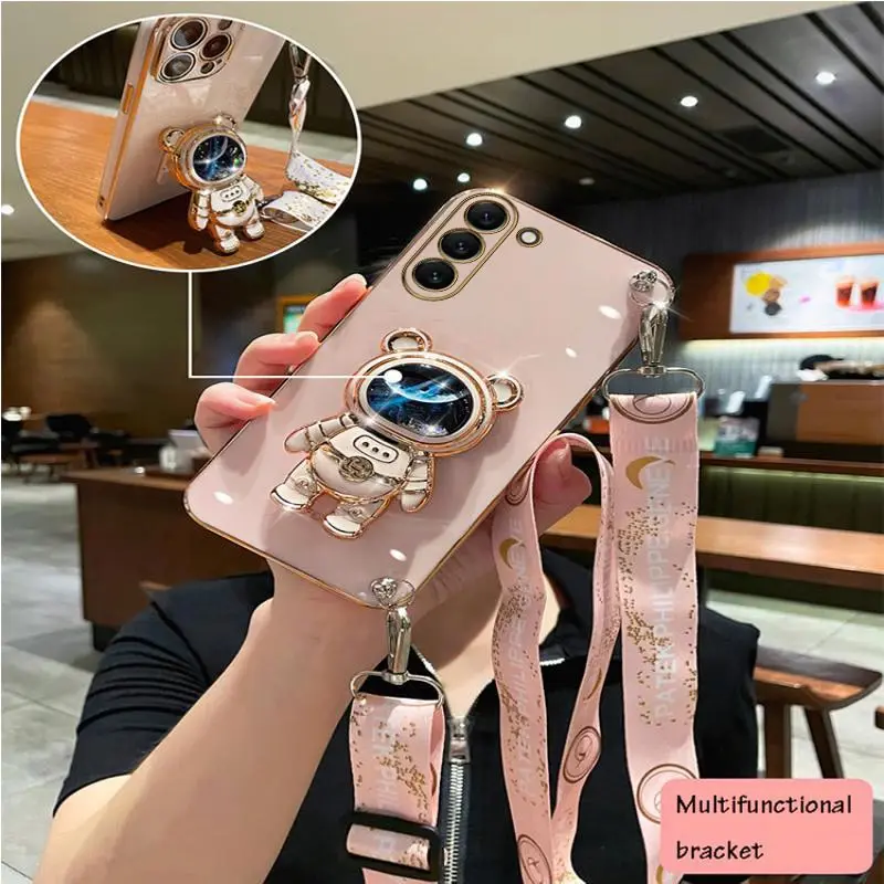Astronaut Lanyard Strap Phone Case For Samsung Galaxy S23 S20 S22 S21 S10 S9 S8 Note 10 20 8 9 Plus Ultra S20 Fe Stand Cover