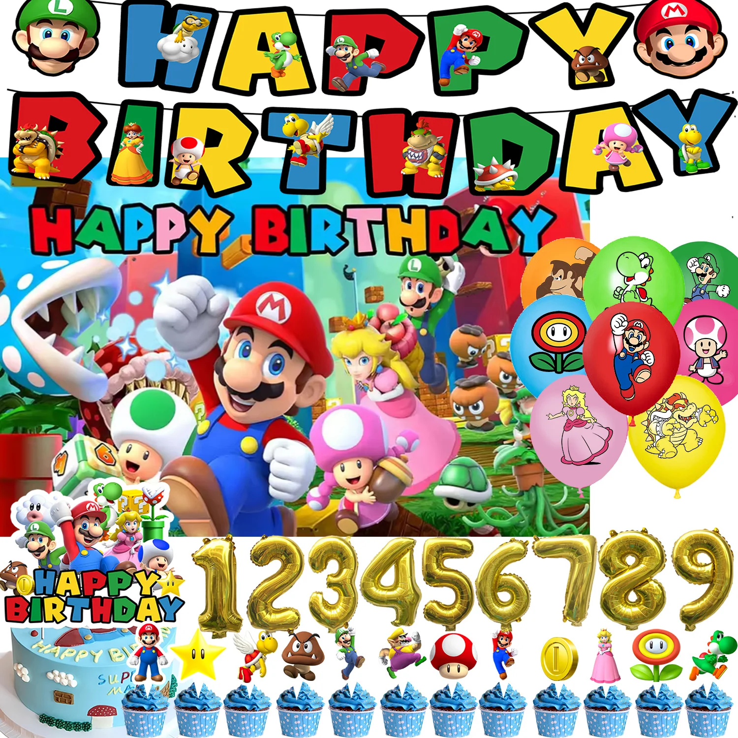 

Cartoon Marios Bros Theme Kids Birthday Party Supplies Game Number Balloon Backdrop Cake Topper Baby Shower Birthday Party Booth