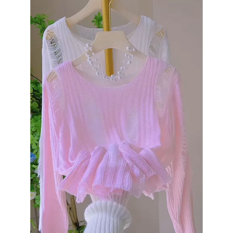 Thin Lazy Style All Match Loose 2025 Spring Top New Ripped Hollow Out Knitted Crew Neck Long-sleeved Versatile T-shirt