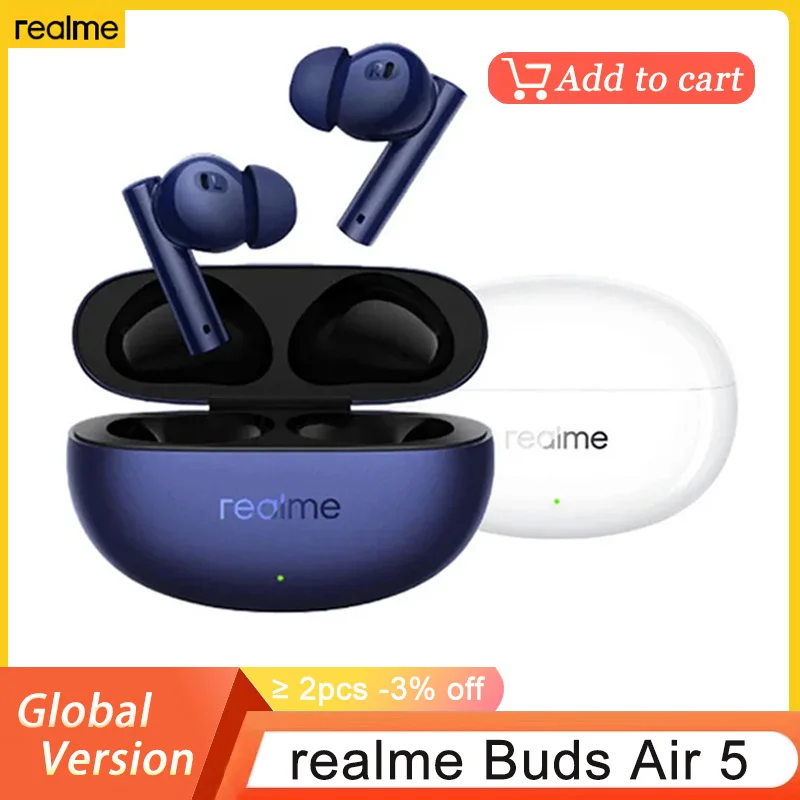 Global Version realme Buds Air 5 TWS Earphone 50dB Active Noise Cancelling True Wireless Bluetooth 5.3 38H Battery Life Headset