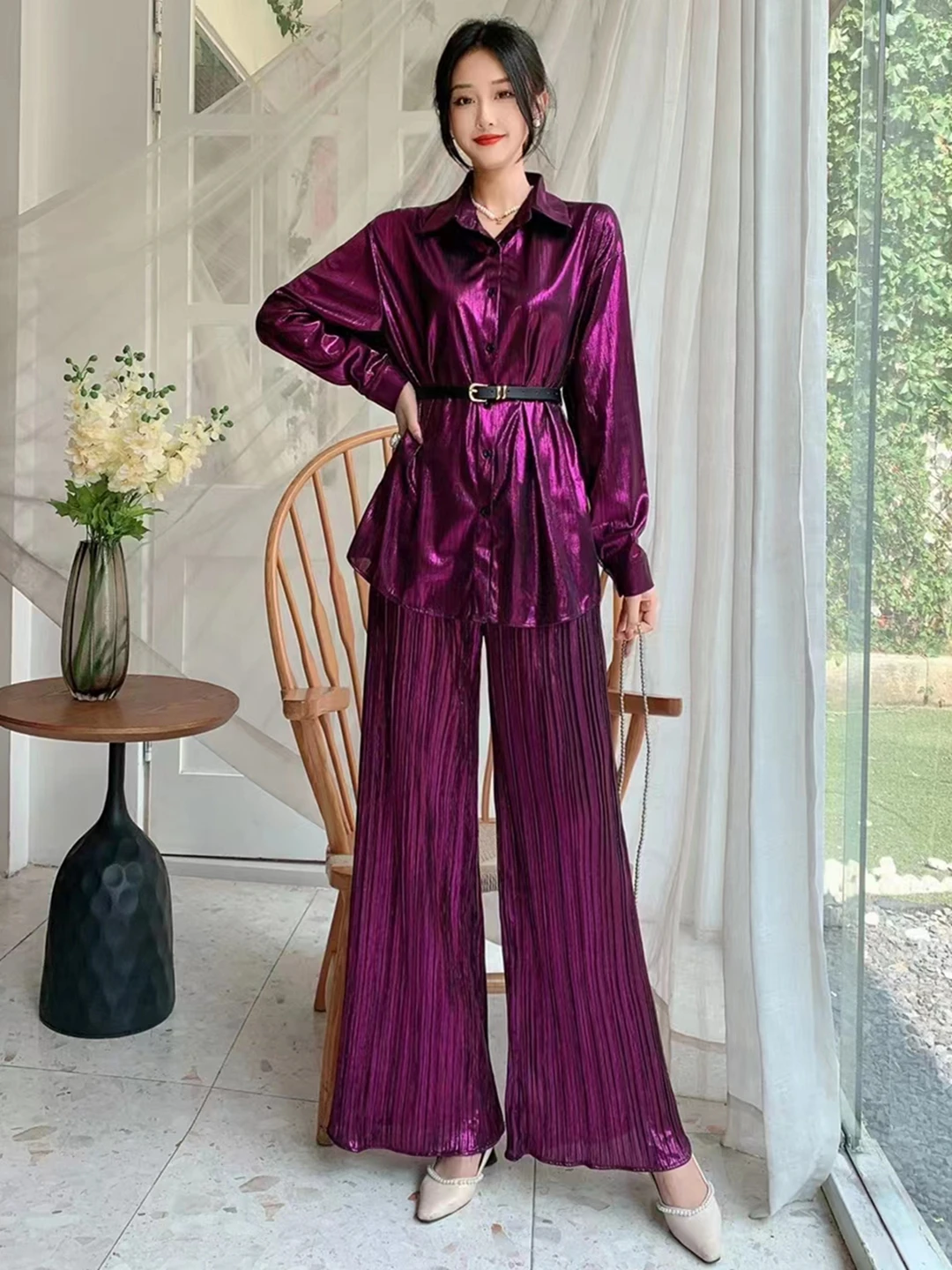 2023 New Spring Autumn Women Fashion Glossy Pants Sets Long Sleeve Belt Slim Shirt And Wide Leg Long Pants Two Piece Set