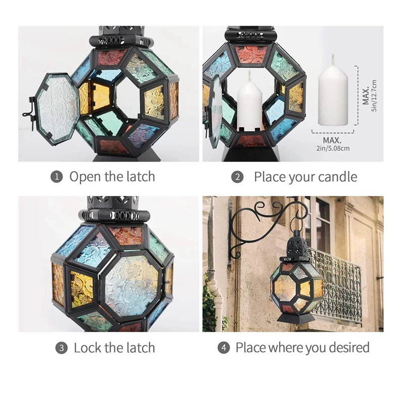 Retro Iron Candle Lantern,Portable Moroccan Stained Glass Candle Holder Hanging Lamp Horse Light Wind Lantern,Home Decor