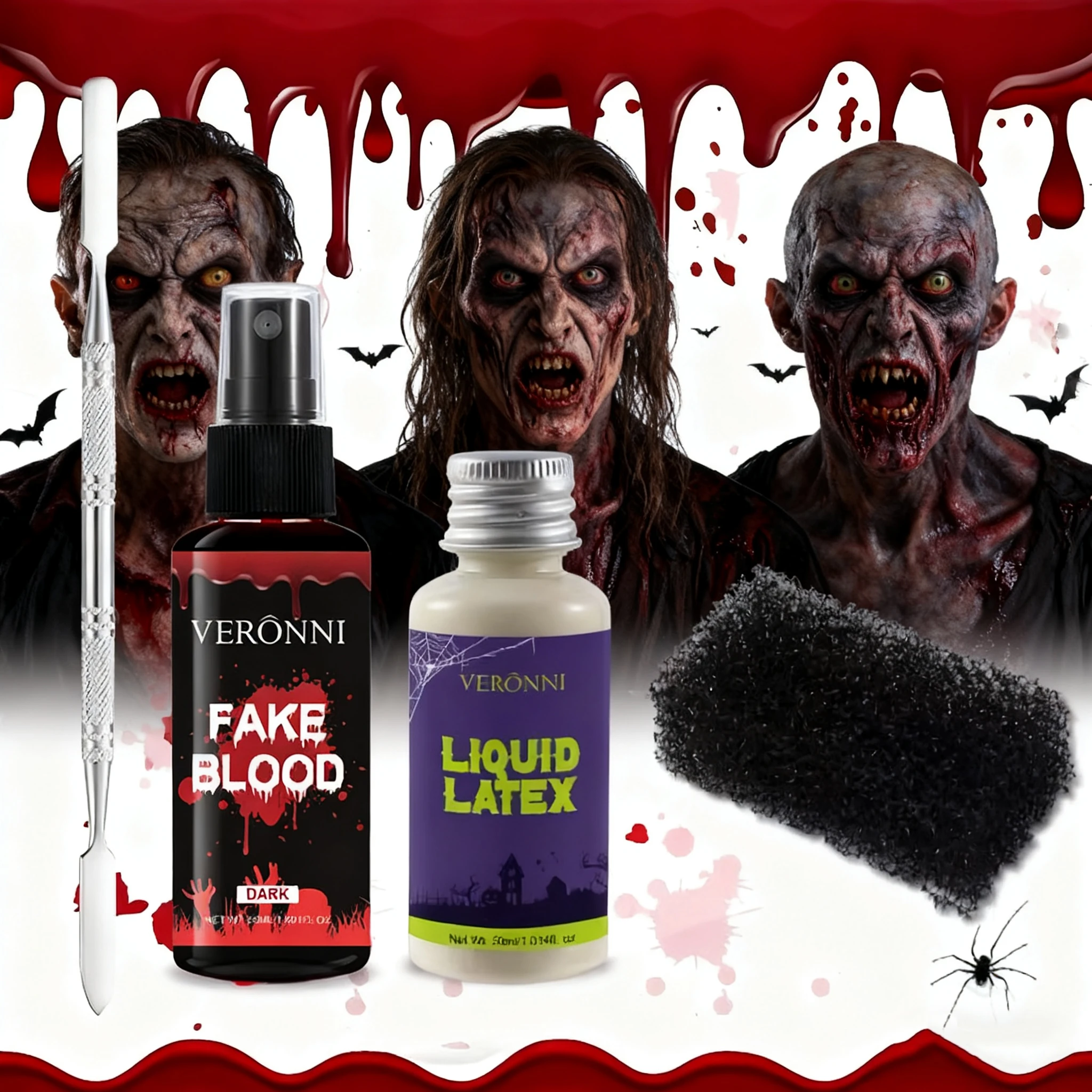 Kit de maquillaje SFX de látex líquido con pulverizador de sangre y aplicador de esponja: efectos realistas para heridas, fórmula segura no tóxica para Halloween