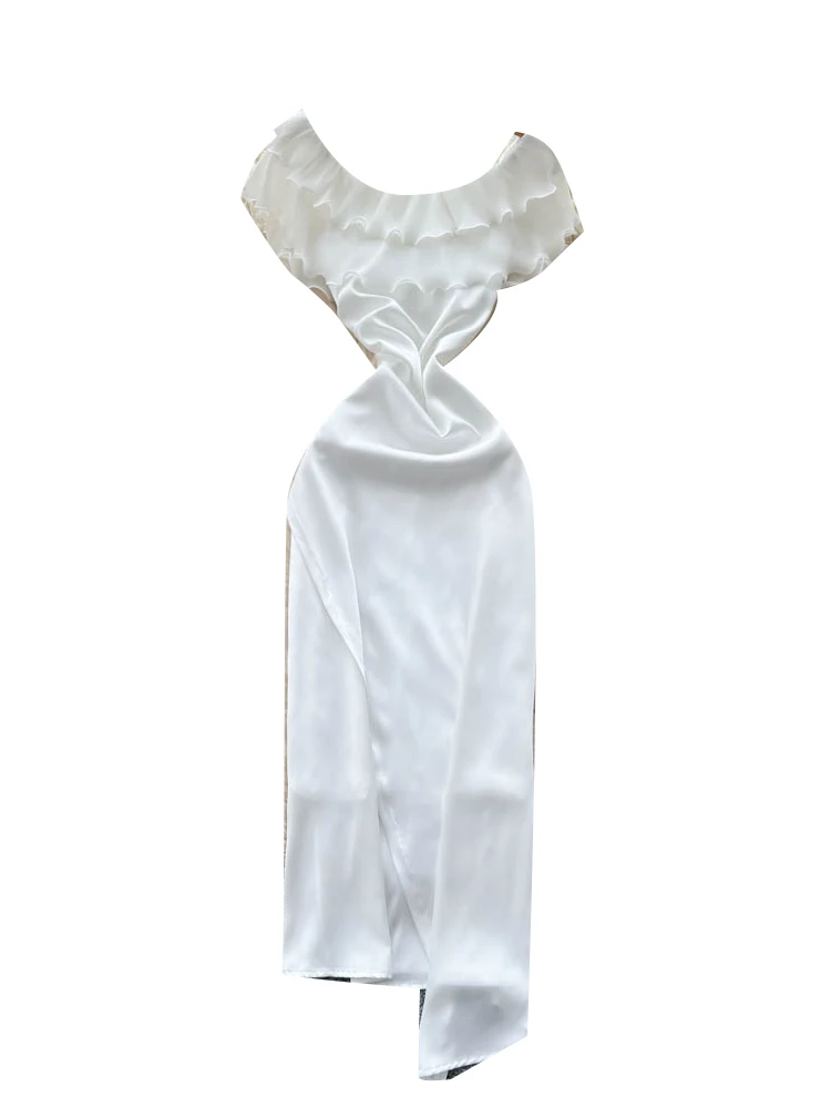 White Gown Women's Design Sense Ruffle Splice Slimming Uneven Satin Dr Korean Sle High Waist A-Line Skirt ort Sve