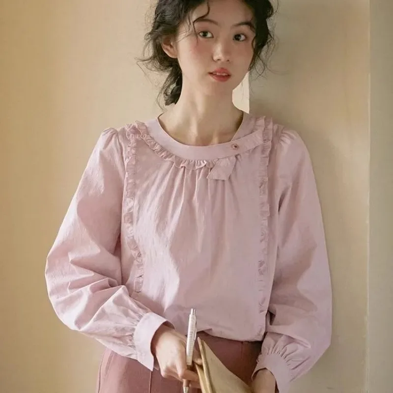 Ladies Spring Summer Simplicity Elegant Drawstring Solid Color O-neck Pullover Cotton Korean Fashion Button Shirts Long Sleeve