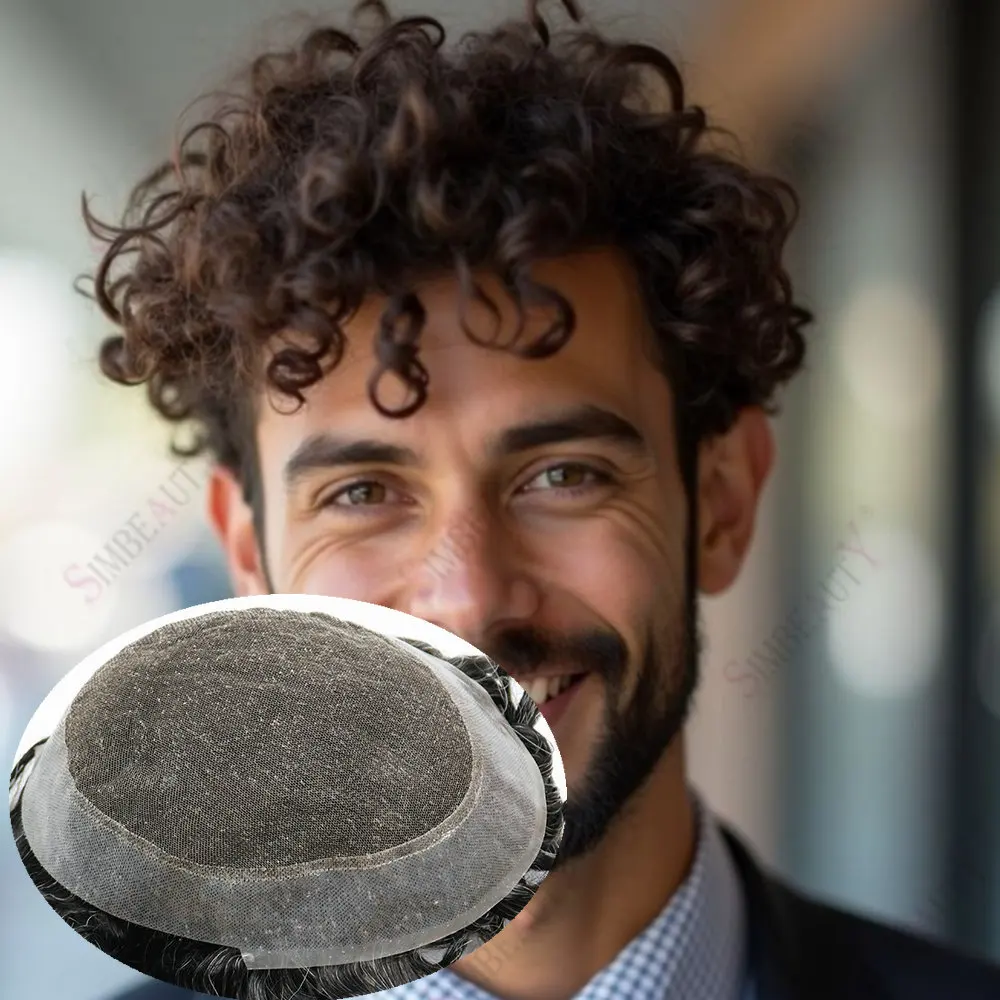 

Натуральный парик-накладка 18 мм с эффектом вьющихся волос, коричнево-черно-серый, из натуральных человеческих волос, для мужчин, на швейцарской сетке и полиуретановой основе (база из кожи), протез из Австралии