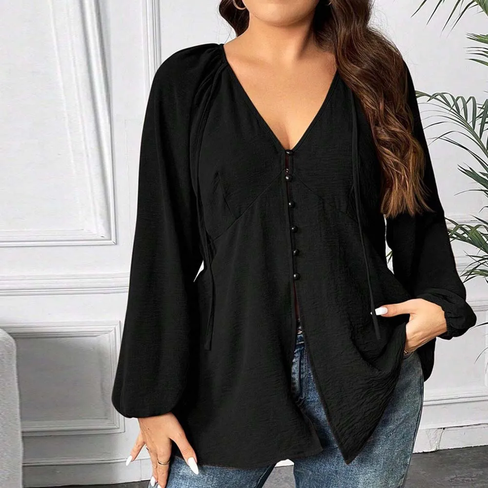 Plus Size Blouse Long Sleeves V Neck Shirt for Women Office Lady Solid Black Oversized Shirts Autumn Spring