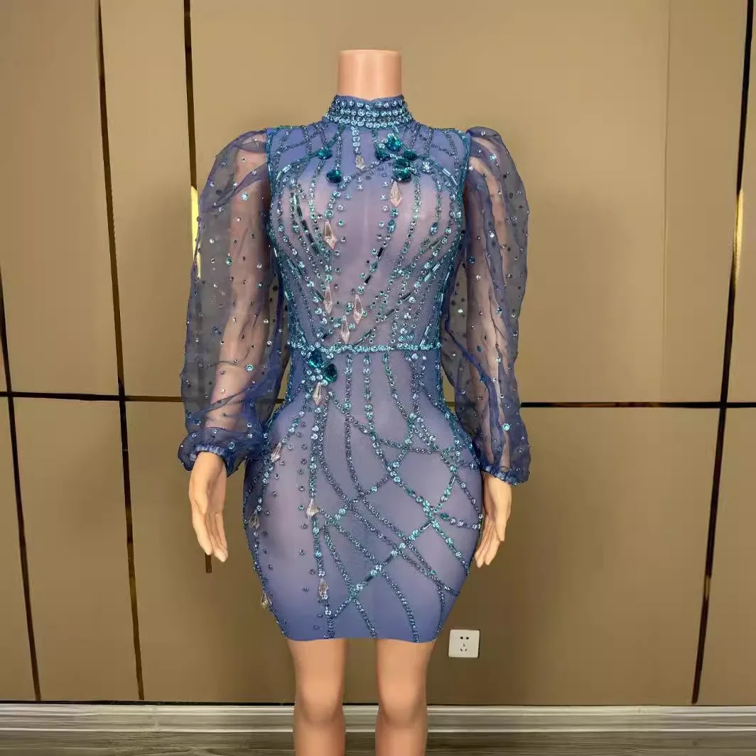 ประสิทธิภาพสีฟ้า Rhinestone แขนฟองชุดไนท์คลับปาร์ตี้ Vestido De Fiesta Grad Kleider สําหรับรองรับ