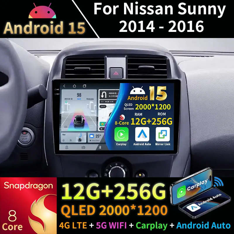 Android 15 Carplay Für Nissan Sunny 2014 - 2016 Navigation Auto Radio Video Player 5G WIFI DSP RDS Multimedia 360 Kamera Auto GPS