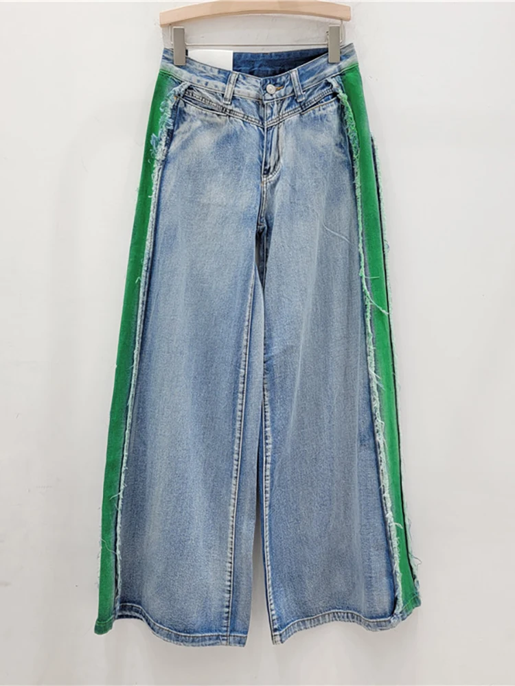 DEAT-Jean Taille Haute en Denim pour Femme, Pantalon à Jambes Larges et Droites, Patchwork, à la Mode, Nouvelle Collection Automne 2024